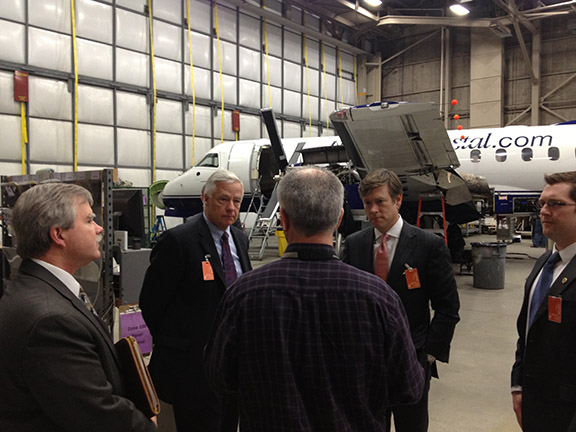 Left to right: Alan Brigham (EDA), Rep. Mike Michaud, DAS Matt Erskine, and Bangor City Councilman Ben Sprauge at C&L Aerospace in Bangor, Maine.