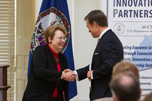 UVA President Teresa Sullivan and Deputy Assistant Secretary Matt Erskine at the 2012 announcement of VIP. Photo Credit: UVAToday