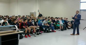 EDA Assistant Secretary Jay Williams speaking to students during a 2016 Manufacturing Day event with STEM students in Ohio.