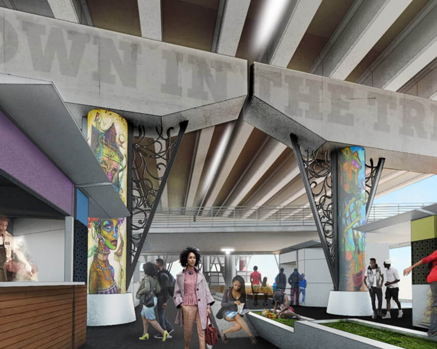 A digital rendering of what a farmers' market could look like under the overpass