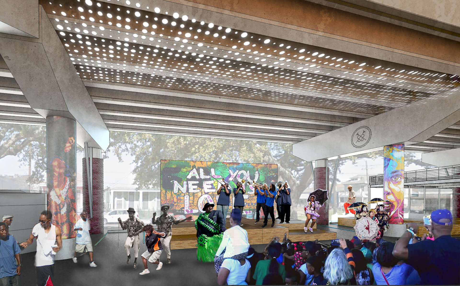 A digital rending of what a community event could look like under the overpass with a band, dancing, and performers