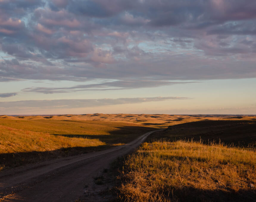 The sandy hills of the reservation at sunrise