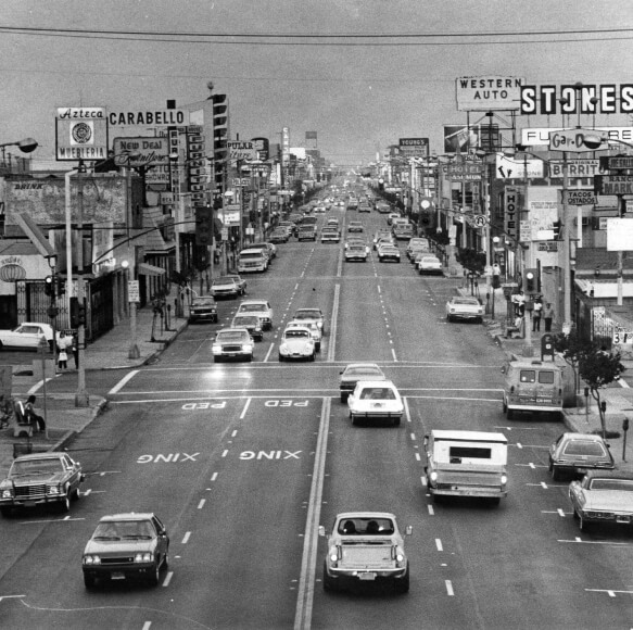 A historical photo of Whittier Boulevard in East Los Angeles