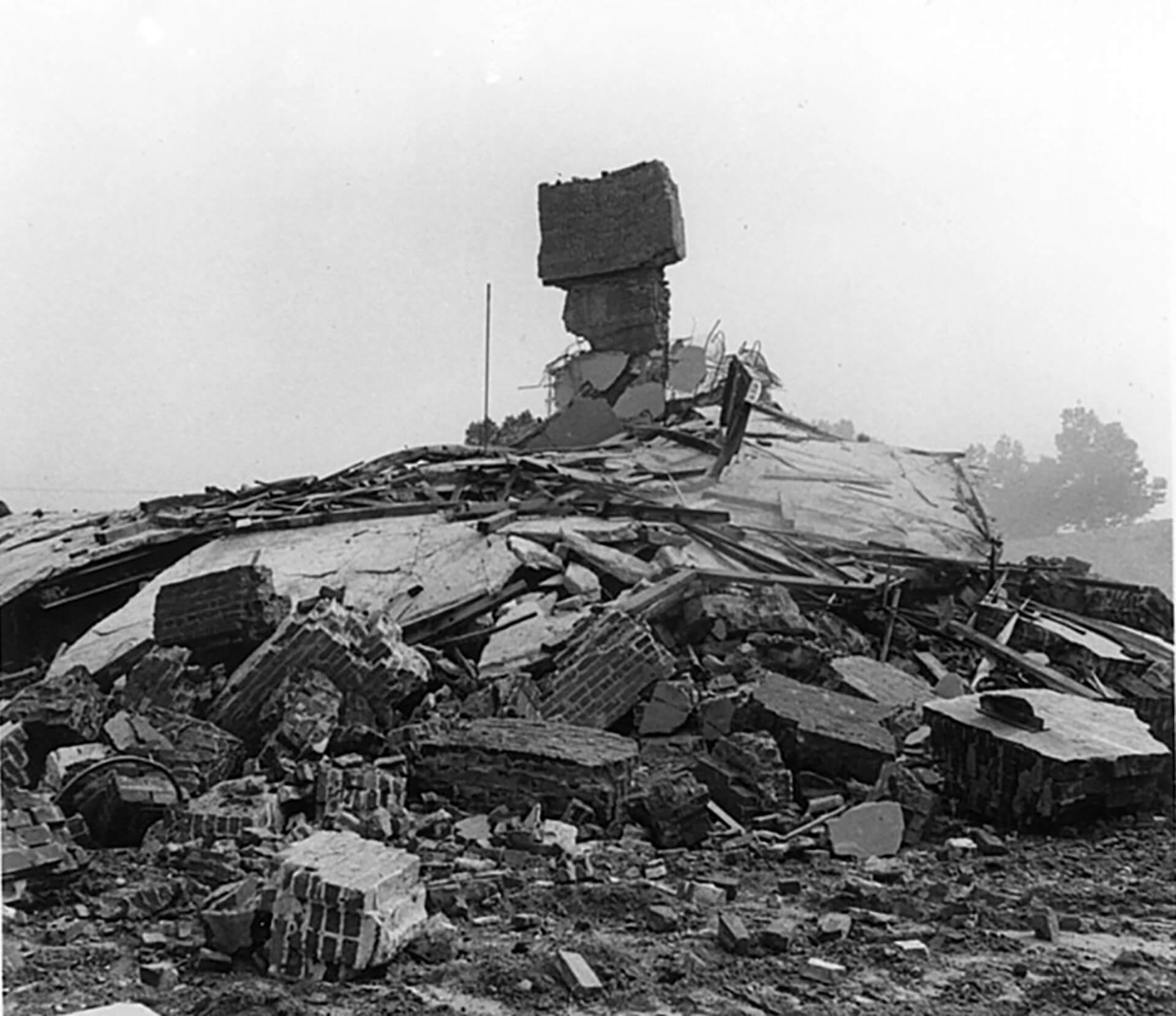 A large pile of rubble where the old tire plant once stood