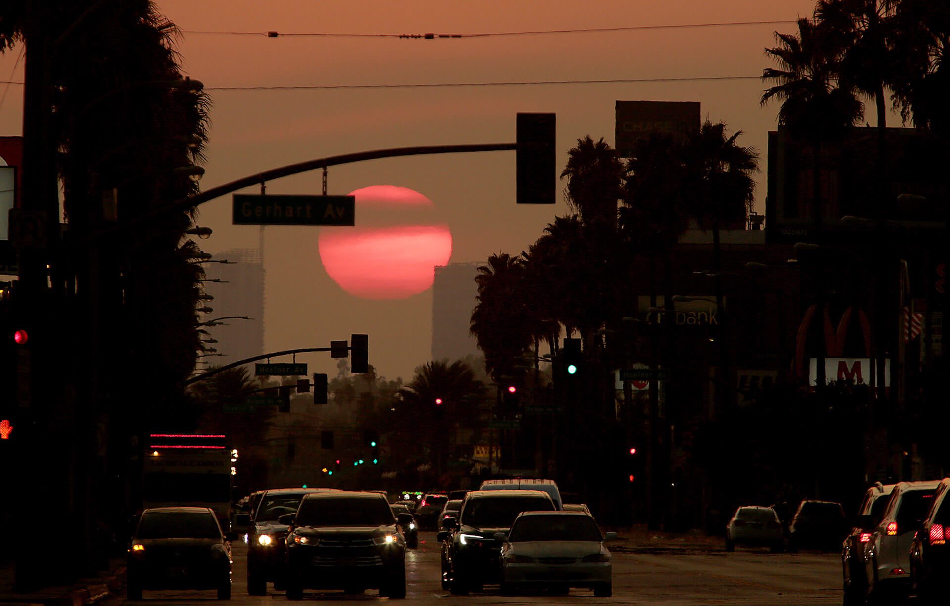 A present-day photo of Whittier Boulevard as the sun sets