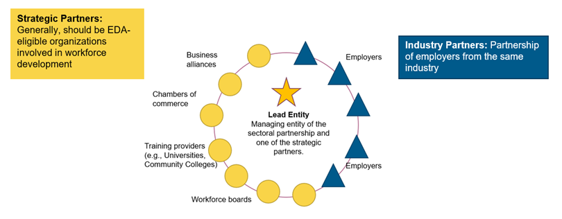 Graphic defining strategic partners and industry partners and the Lead Entity managing the entity of the sectoral partnership and one of the strategic partners.