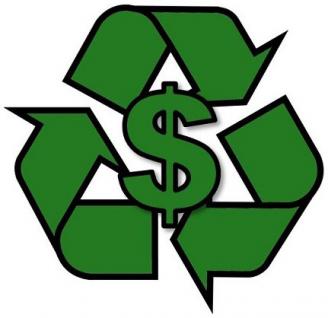 Recycling symbol with dollar sign in the center