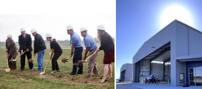 A groundbreaking ceremony for the new hangars was held in June 2022 (left).  The project will be completed in late summer 2023.