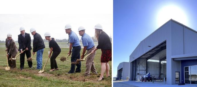 A groundbreaking ceremony for the new hangars was held in June 2022 (left). The project will be completed in late summer 2023.