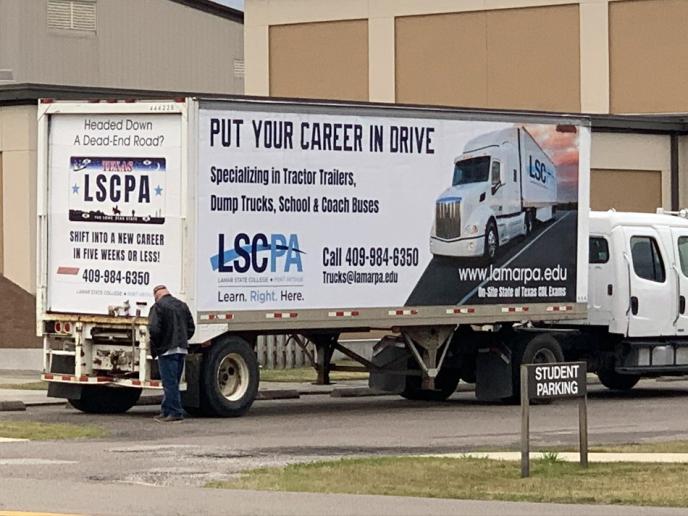 Picture of a truck reading Put your career in drive LSCPA. Learn more at lamarpa.edu