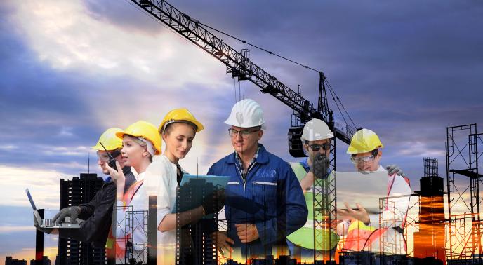 Group of people superimposed onto an image of a construction site