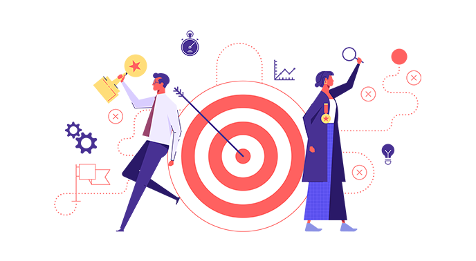 Illustration of two people standing beside a large target, symbolizing achieving goals, with icons representing planning, analysis, and strategy around them