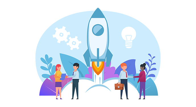Illustration of a rocket launching with four people standing around it, symbolizing teamwork and starting new projects