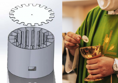 (Left) A protype rendering of OSMORE, the automated communion server. Photo Credit: Purdue University Northwest’s Commercialization and Manufacturing Excellence Center. (Right) Priest offers communion in church. Photo Credit: Unsplash.