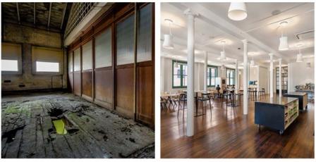 The interior of Building 104 at San Francisco’s Pier 70 is pictured before (left) and after (right) redevelopment.