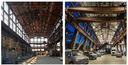 The interior of Building 104 at San Francisco’s Pier 70 is pictured before (left) and after (right) redevelopment.