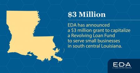 EDA has announced a $3 million grant to capitalize a Revolving Loan Fund to serve small businesses in south central Louisiana