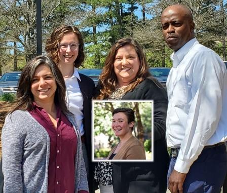 NCORR Resiliency Staff: Marlena Gutierrez Byrne, Deputy Chief Resiliency Officer, Andrea Webster, Resilience Policy Advisor, Holly White, Resilience Planner, and Brian Byfield, Resilient Communities Program Manager. Inset: Amanda Martin, Ph.D., Chief Resilience Officer for North Carolina.
