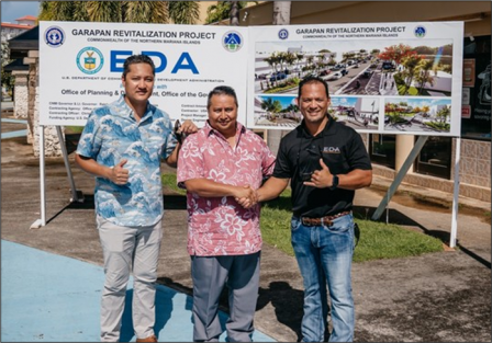 Territorial and EDA officials break ground on the Garapan Revitalization Project in the Northern Mariana Islands (CNMI). From left to right: Chris Concepcion (Deputy Director, Office of Planning and Development, Garapan Revitalization Task Force), Ralph Torres (Governor, Commonwealth of the Northern Mariana Islands), Joaquin S. Quenga (EDA Project Officer).
