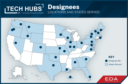 Map of EDA Tech Hubs Designee Locations and States Served