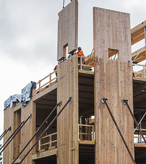 A cross-laminated timber splice connection, tested at Oregon State University, installed at the George W. Peavy Science Center. Photography by Johanna Carson