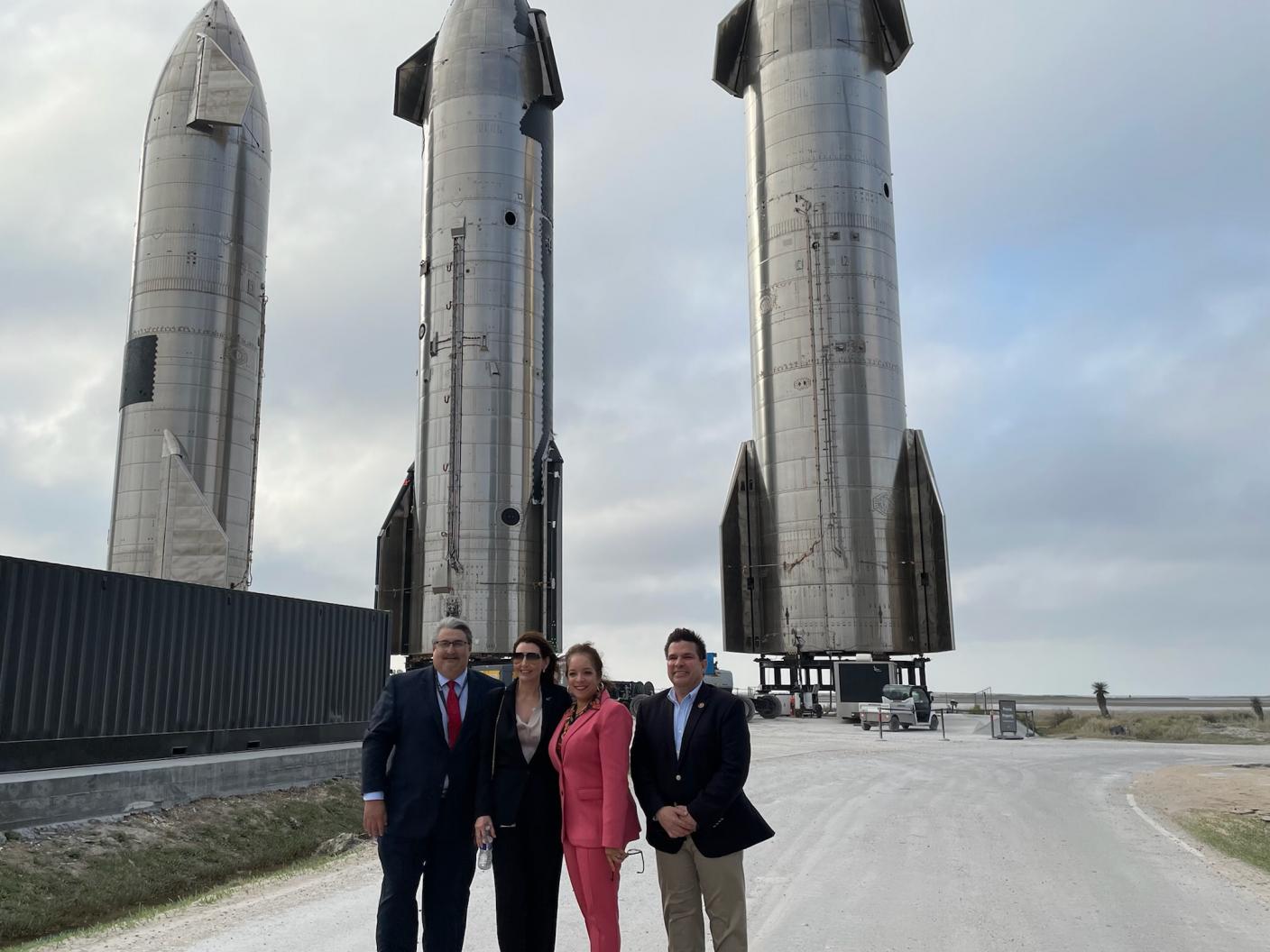 Jorge Ayala, EDA Austin Regional Director, Marisela Cortez, External Affairs Manager, Assistant Secretary Castillo, and Congressman Vicente Gonzalez (D-TX-15) toured the SpaceX facility in South Texas.