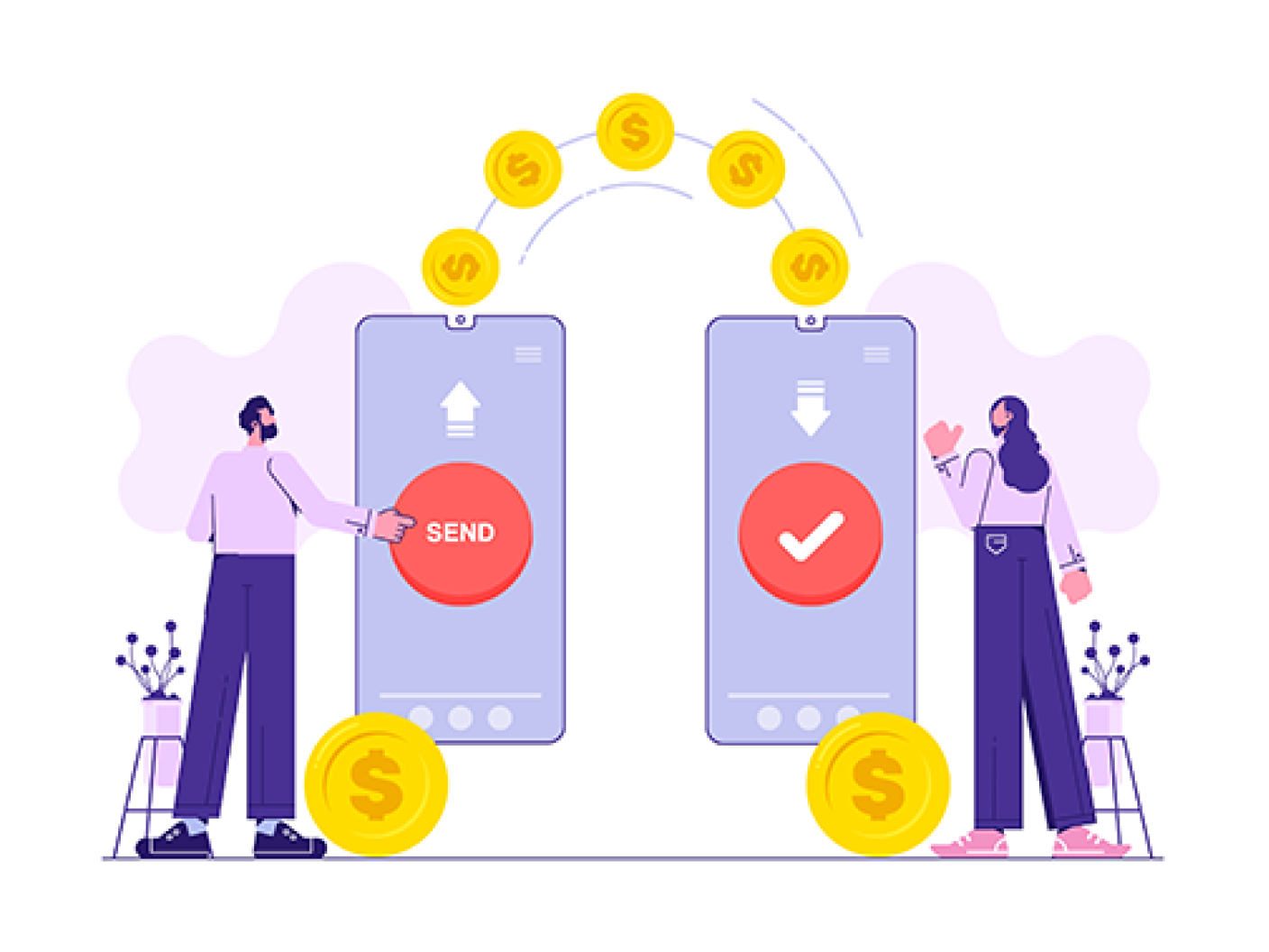 Illustration of two people using mobile phones to send and receive money, with coins moving between the devices.