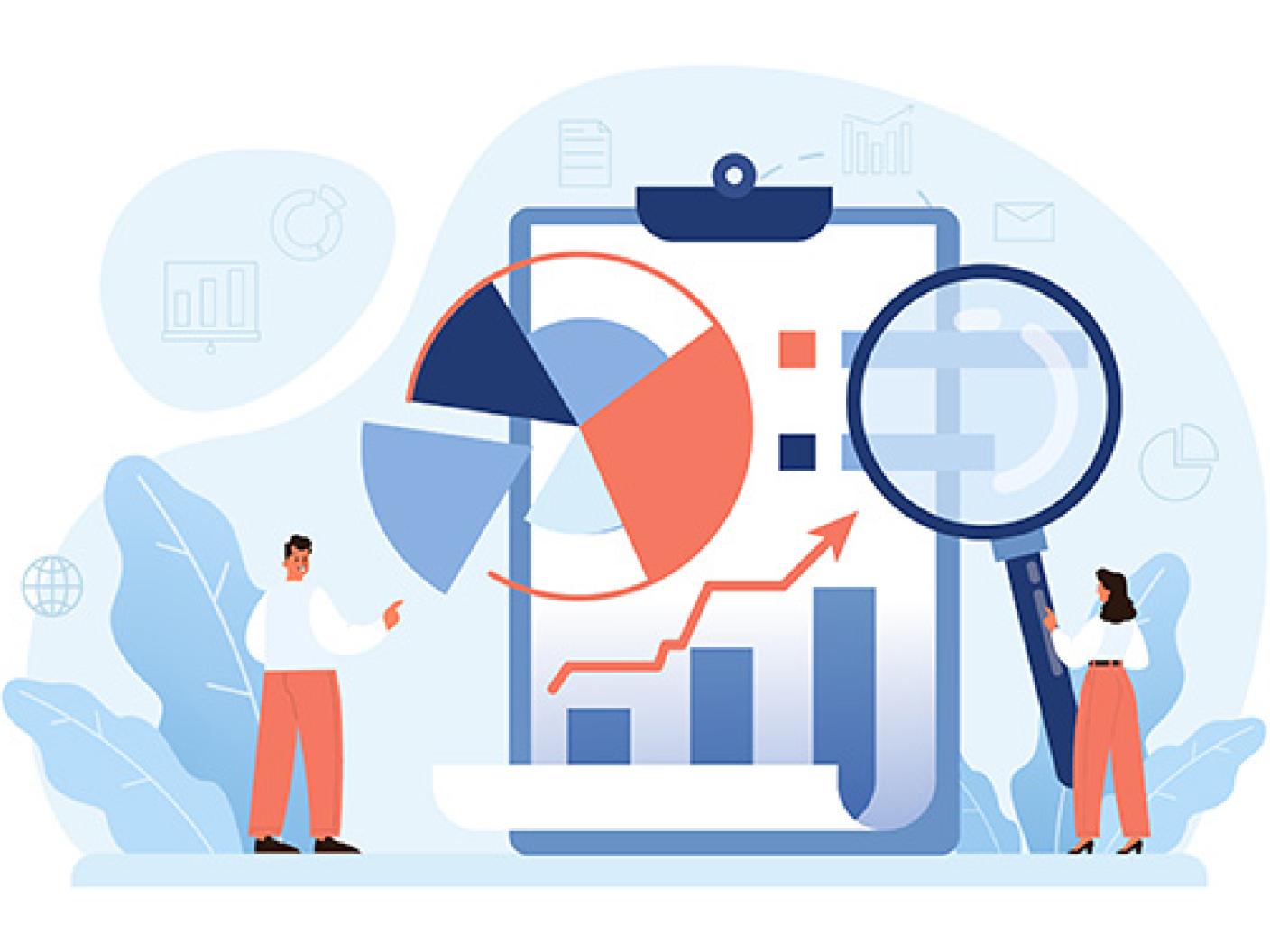 Illustration of two people reviewing charts and graphs on a large clipboard, including a pie chart and bar graph, symbolizing data analysis and reporting.