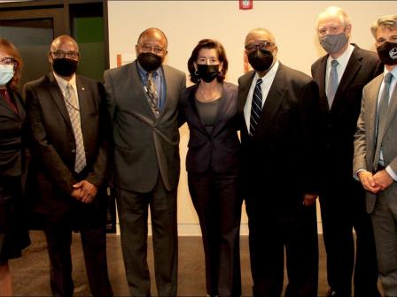 L to R: Assistant Secretary Alejandra Castillo, Milton Cochran, Asa Williams, Secretary Gina Raimondo, Gilbert Patterson, H. Phillip Paradice and Jonathan Corso.