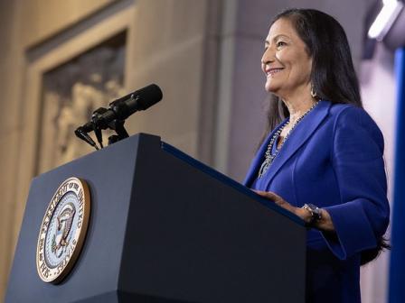 Secretary of the Interior Deb Haaland, the first Native-American Cabinet member, addresses the 2022 White House Tribal Nations Summit.