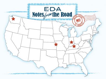 Graphic of US Map with pins showing locations where EDA key personnel took part - Indianapolis, IN; Louisville, KY; Kansas City, MO, Tacoma, WA