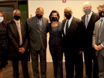 L to R: Assistant Secretary Alejandra Castillo, Milton Cochran, Asa Williams, Secretary Gina Raimondo, Gilbert Patterson, H. Phillip Paradice and Jonathan Corso.