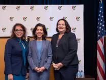 L to R: Asst. Secretary Alejandra Y. Castillo, U.S. Department of Commerce Secretary Gina Raimondo, and Jobs for the Future CEO Maria Flynn welcomed grantees to the Good Jobs Challenge convening.