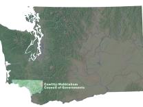 Map of Washington State highlighting The Cowlitz-Wahkiakum Council of Governments in Southwest Washington state.